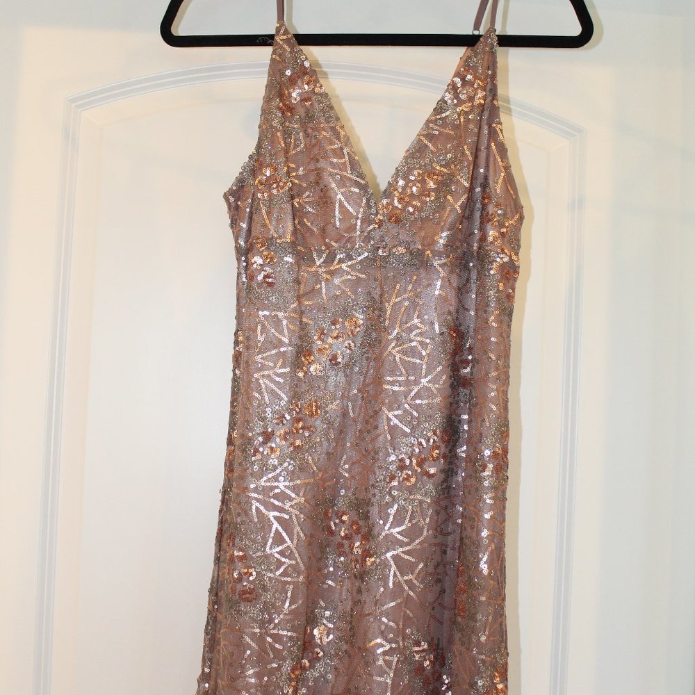 Hommage Taupe Dress w/ Silver & Rose Gold Sequins